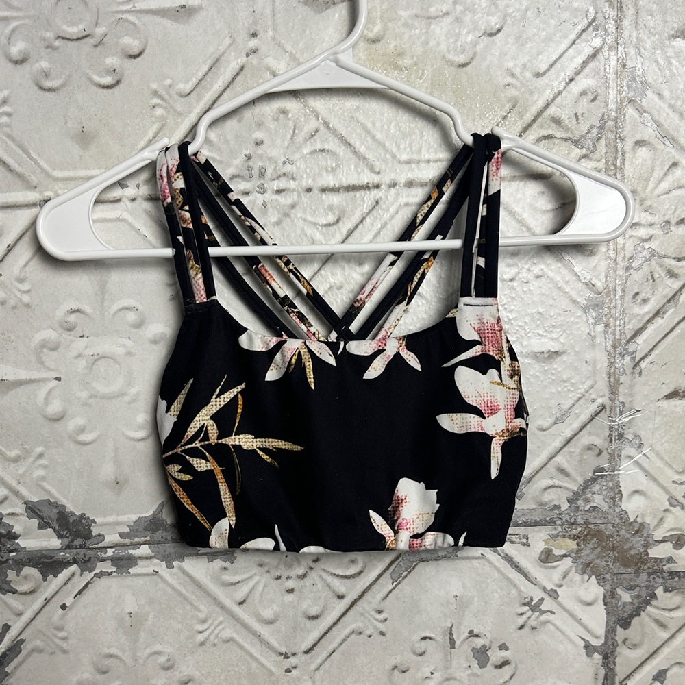 Athleta Black Floral Criss cross sports bra